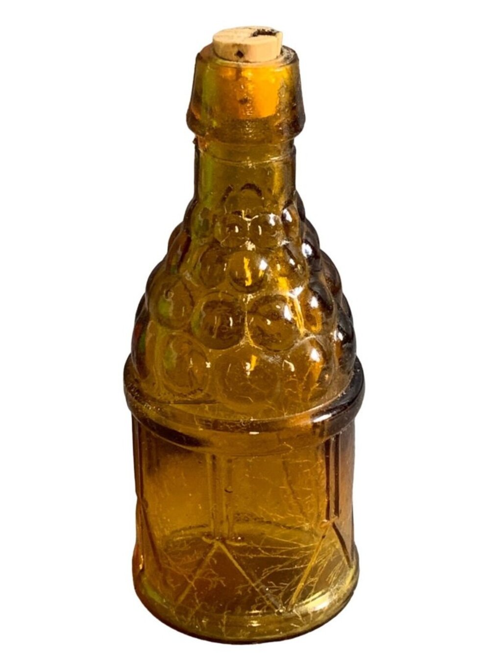 Miniature Amber Glass Wheaton Drum and Grapes Bottle Vintage 3.5"